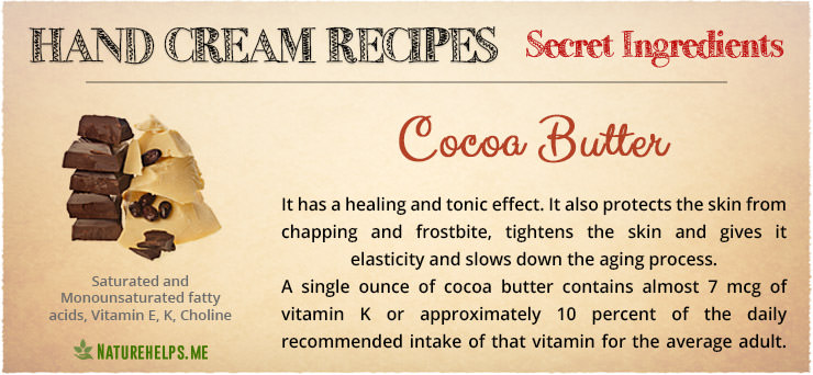 Hand Cream Recipes. Secret ingredients. Cocoa butter